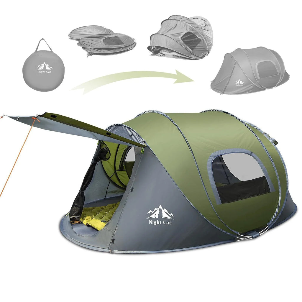 Dark green automatic pop up camping tent fully pitched in an outdoor setting