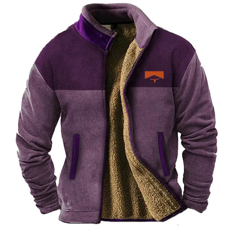 Men's blue padded fleece coat with a regular fit on a hanger.