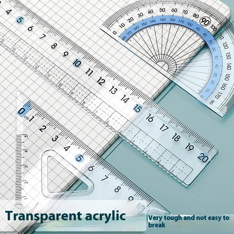 Youpai transparent acrylic ruler set with square and protractor on paper