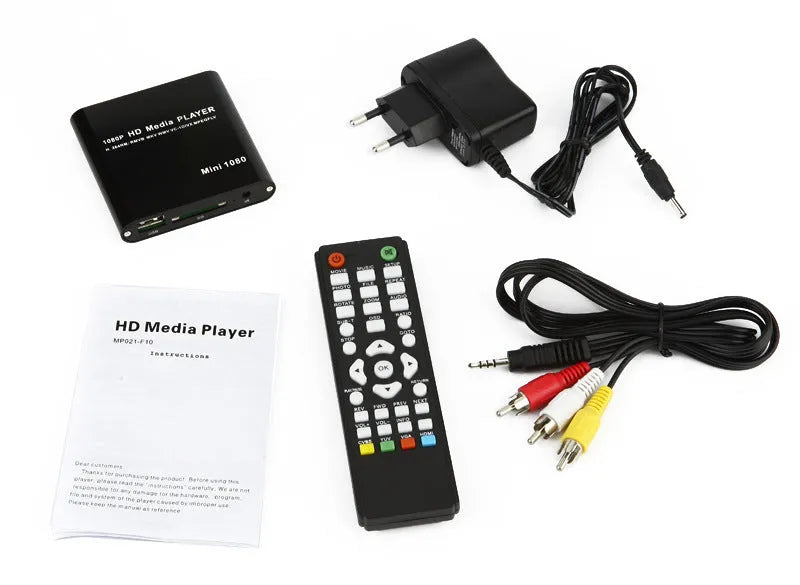 Compact blue media player with remote control showing HDMI port and storage slots