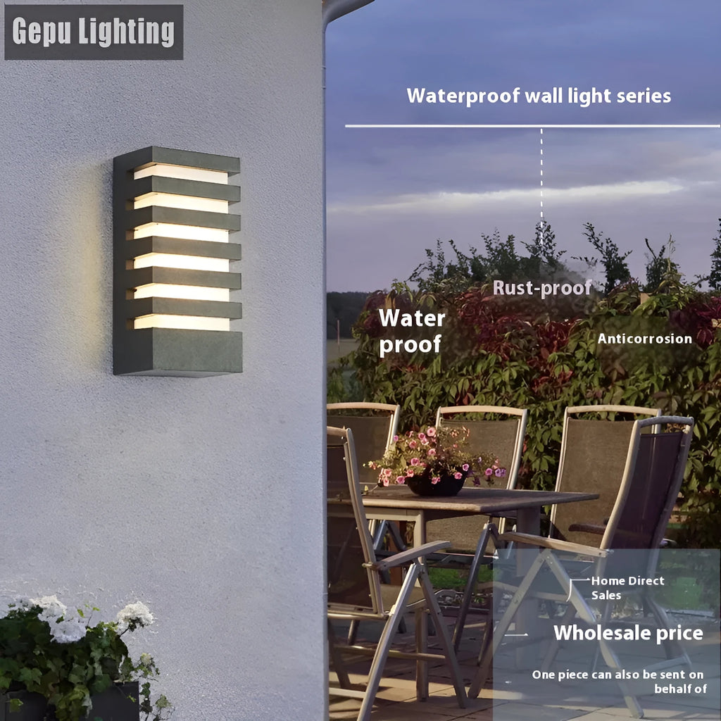 Modern minimalist black outdoor wall lamp with aluminium alloy construction and IP55 rating.