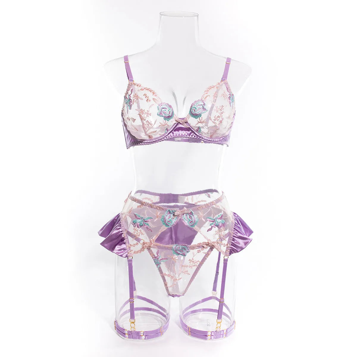 Light purple four-piece satin lingerie set with decorative embroidery