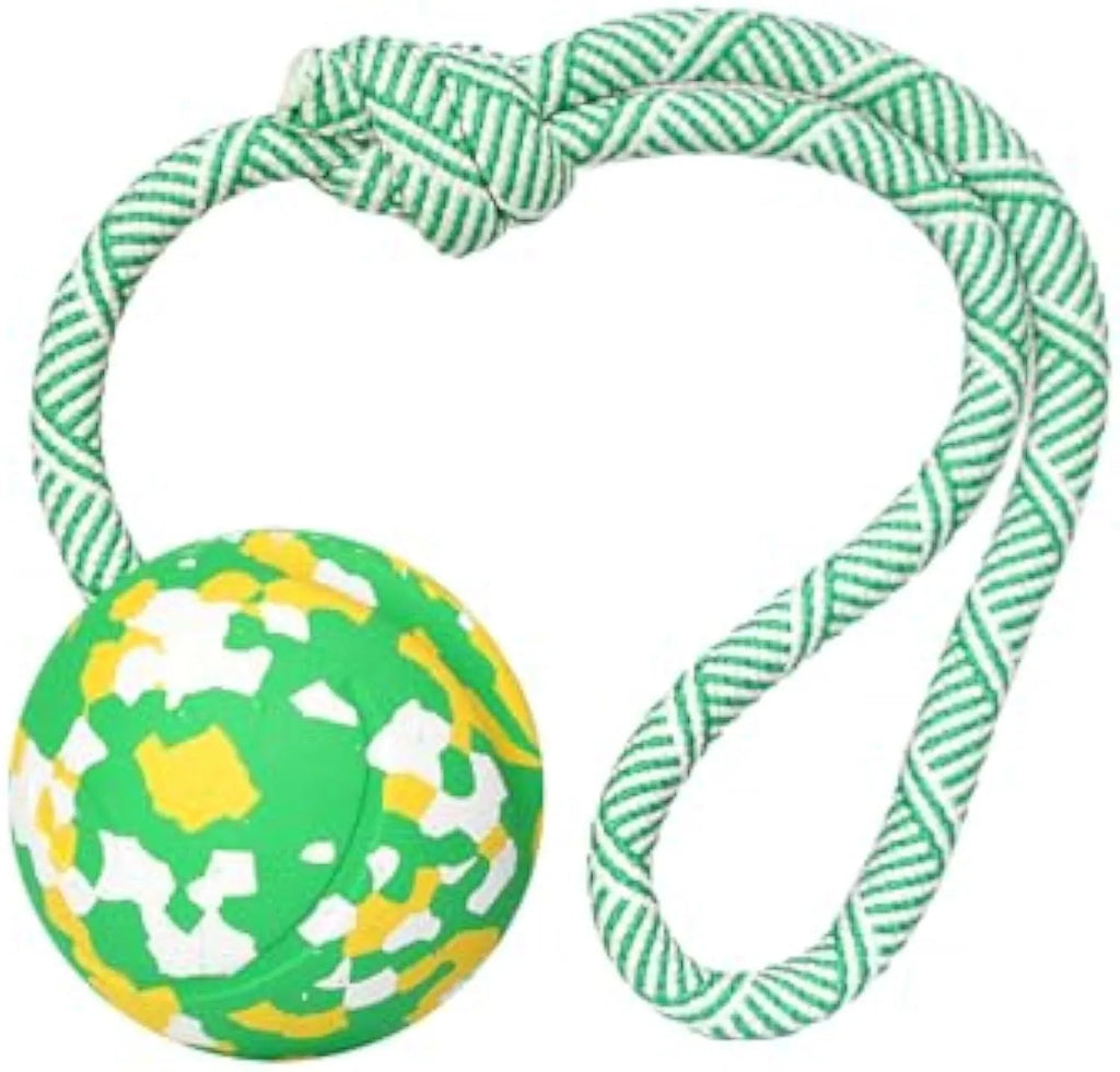 Natural rubber dog ball attached to a nylon rope for interactive fetch and tug-of-war play