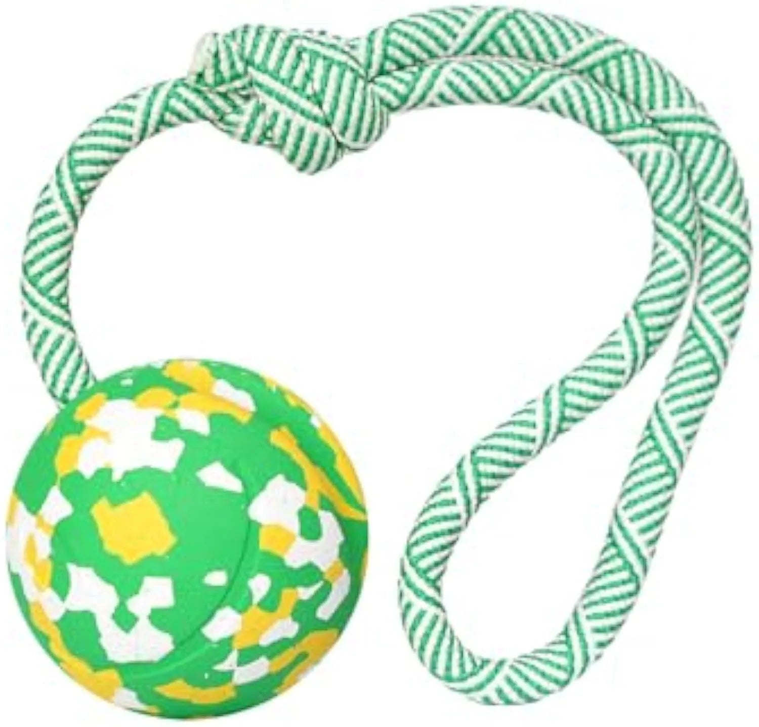 Natural rubber dog ball attached to a nylon rope for interactive fetch and tug-of-war play