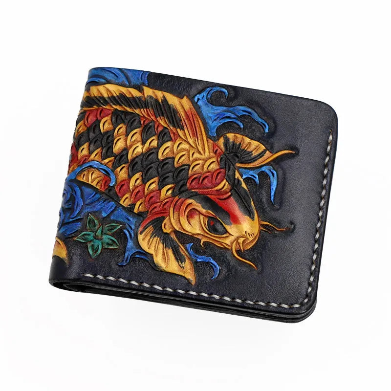 Men's cow leather wallet with carving detail in red, blue or gold colours showing open closure and compact size