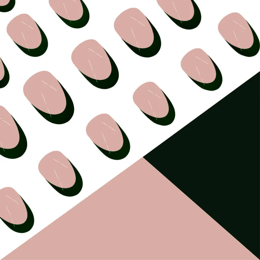 24 French style black manicure stickers in short almond shape arranged on white background