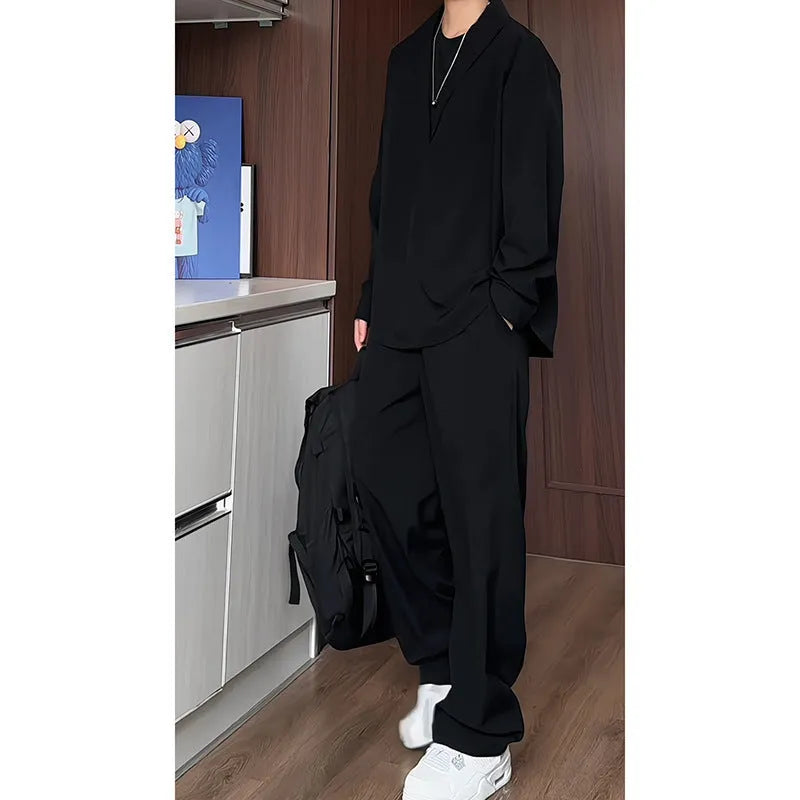 Men's casual hemp two-piece suit set with long sleeve polo shirt and matching trousers in slim fit