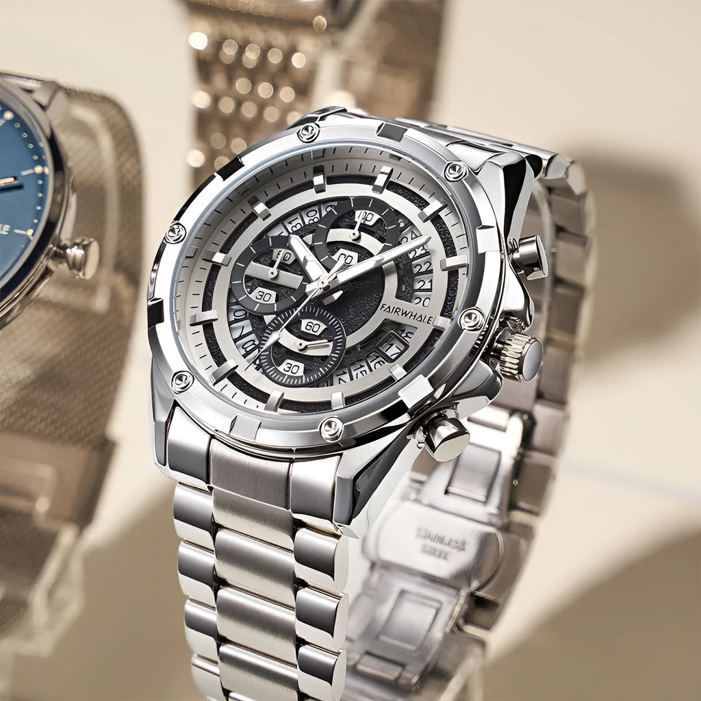 Men's waterproof quartz watch with luminous dial and steel strap in black, gold, or silver colour options