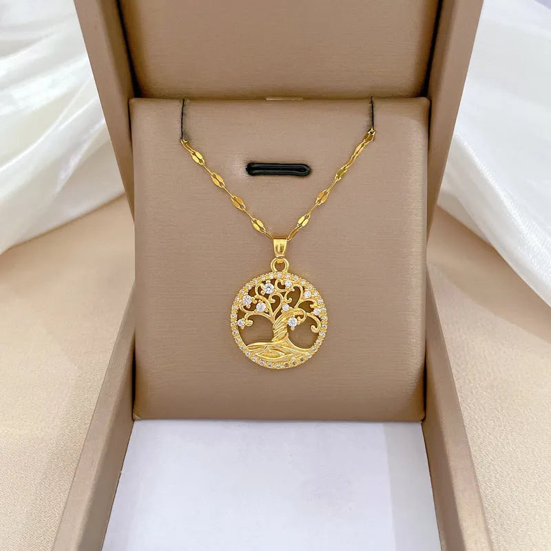 Gold-plated adjustable necklace with micro-inlaid rhinestone zircon lucky tree tree pendant