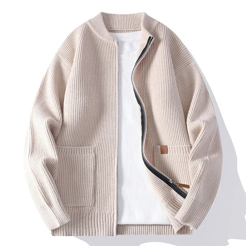 Men's straight-cut striped cardigan jacket in a chemical fibre blend fabric.