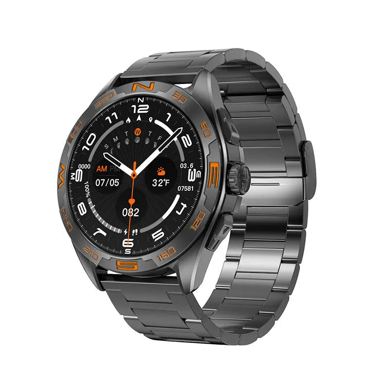 Black smart watch with touch screen displaying health metrics and WhatsApp messages on wrist.