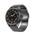 Black smart watch with touch screen displaying health metrics and WhatsApp messages on wrist.