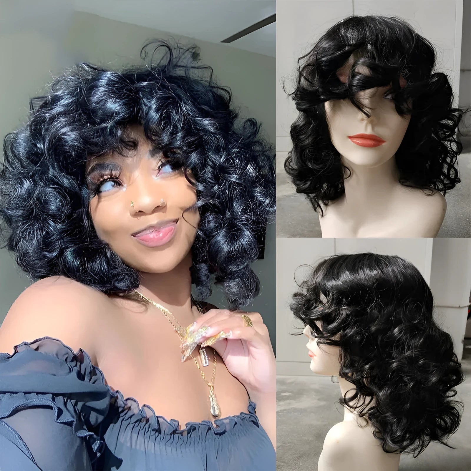 Black synthetic afro wig with long curly African styling for women