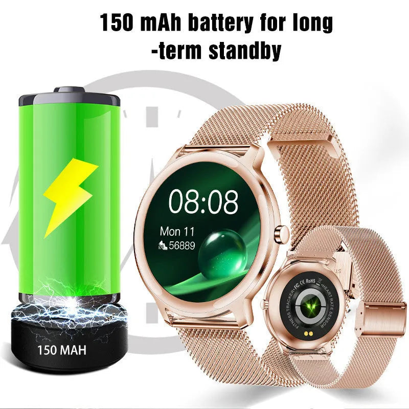 Women's Bluetooth smart watch with stainless steel wristband and 1.3 inch touch screen display