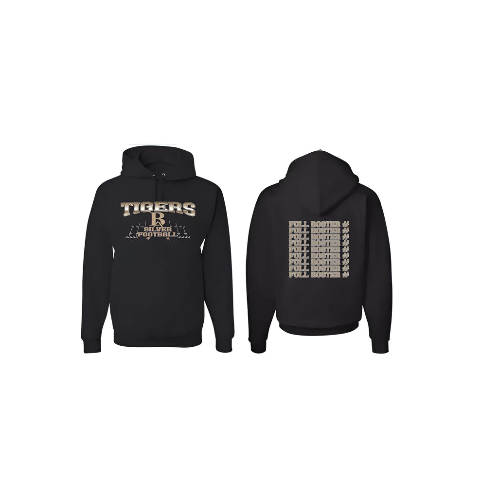 Black simple pullover hoodie with drop-shoulder sleeves and no collar on a grey background.