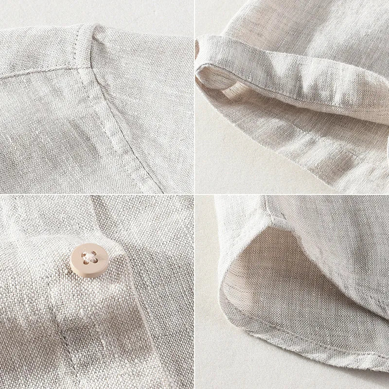 Linen short sleeve shirt with square collar in raw jute colour, cardigan style regular fit