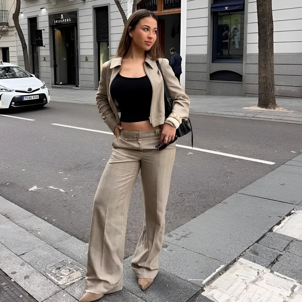 Women's herringbone pattern casual suit set with 3D effect, featuring a long sleeve coat and straight-leg trousers.