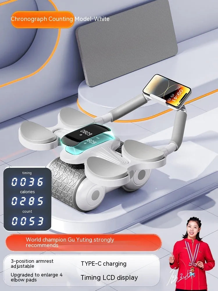 White belly roller fitness equipment with LED timing screen for abdominal exercises