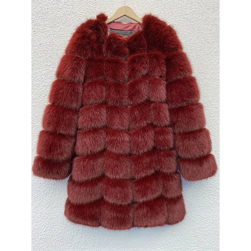 Women's thick warm artificial fur coat in multiple colours with regular sleeves and 80cm length