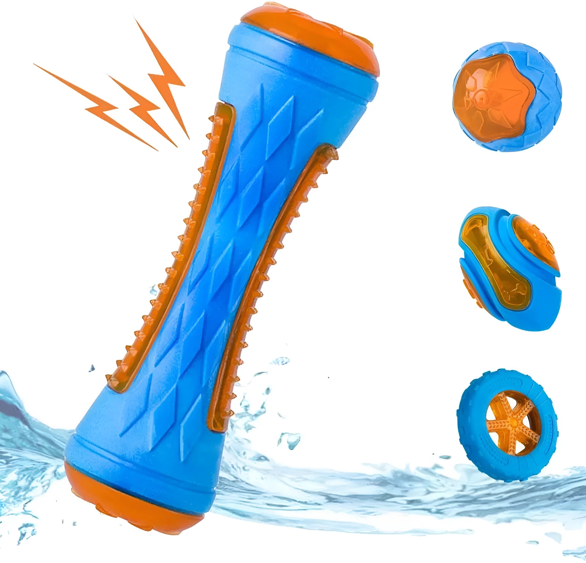 Set of three TPR floating squeaky dog toys: a red ball, blue barbell, and orange tyre with bumpy textures.