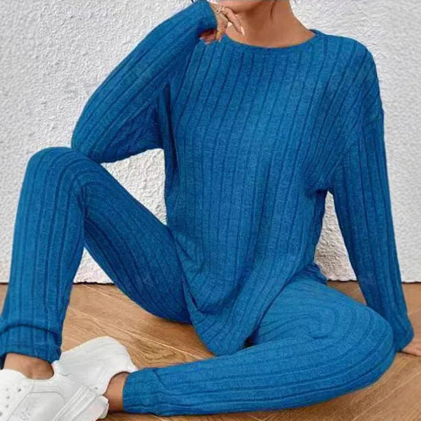 Sunken stripe pattern two-piece homewear set with trousers and matching top in Polyester fabric