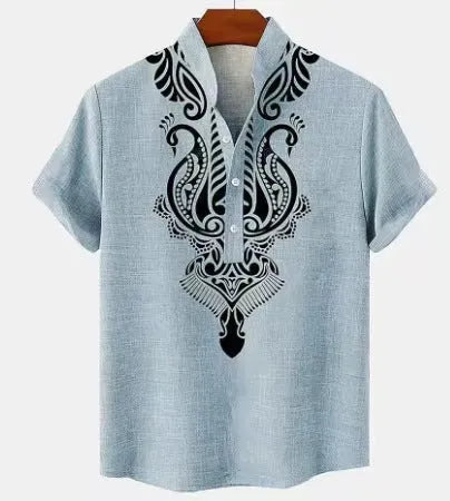 Men's striped casual shirt with personalised buttons in a loose fit, shown in a handsome colour option.