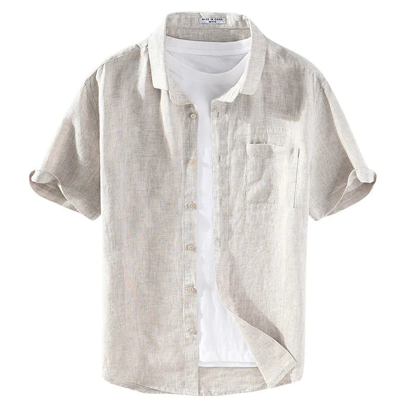 Linen short sleeve shirt with square collar in raw jute colour, cardigan style regular fit