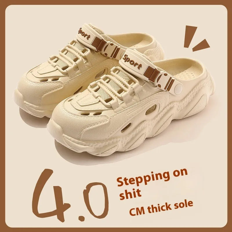 Men's khaki outdoor slippers with hollow out design and light EVA sole on a wooden deck.
