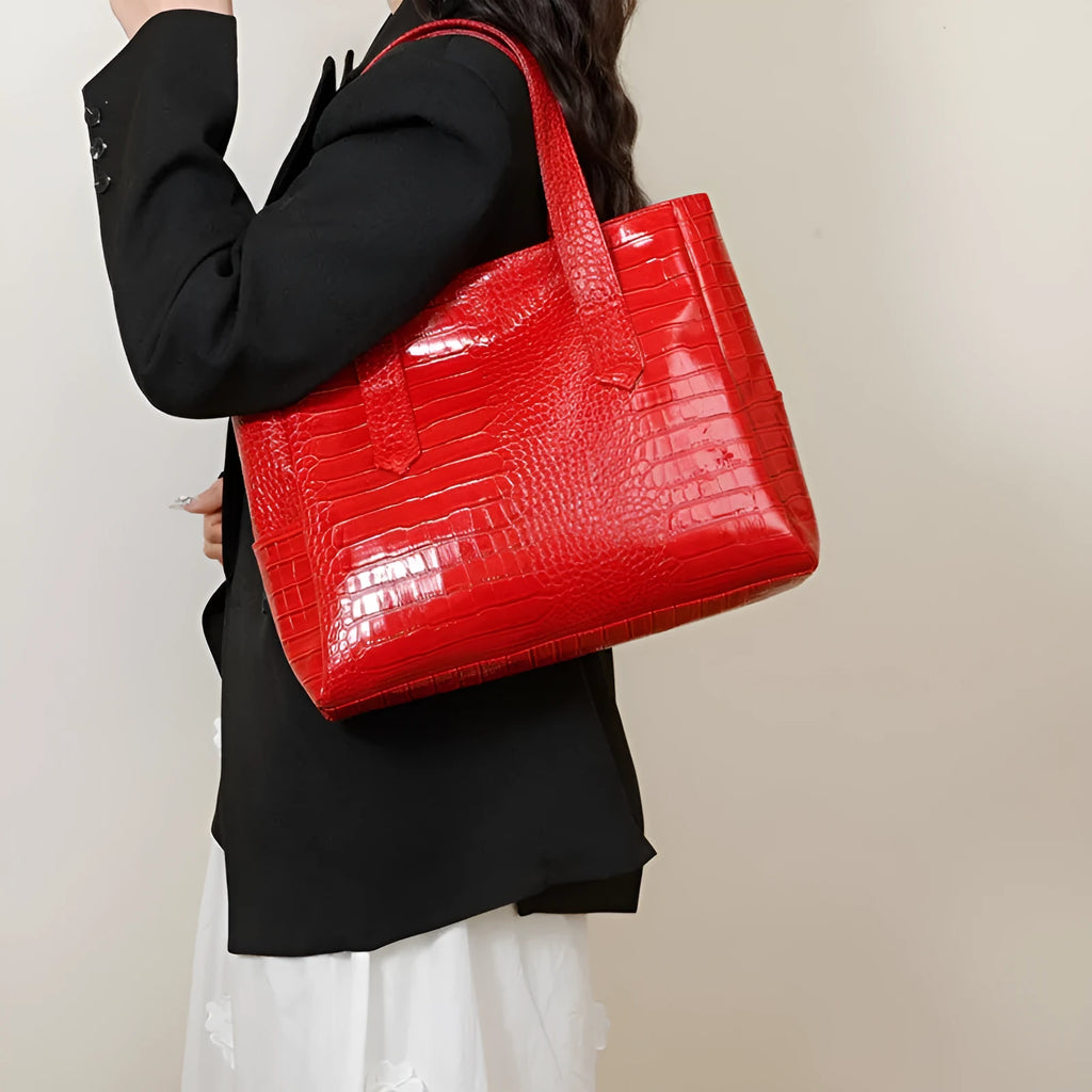 Crocodile pattern black large capacity one-shoulder commuter bag with double shoulder strap and sandwich pocket