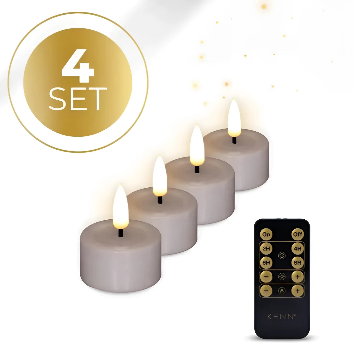 Four taupe coloured LED tealight candles showing measurements of 4.1cm diameter and 5cm height