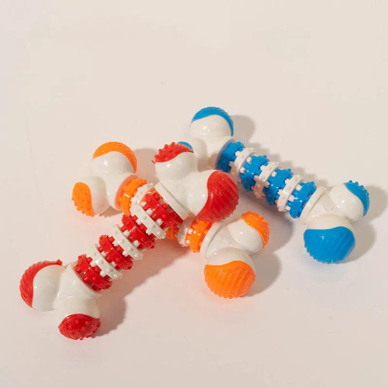 Blue bone-shaped interactive dog chew toy with a treat holder in the centre, for small breeds.
