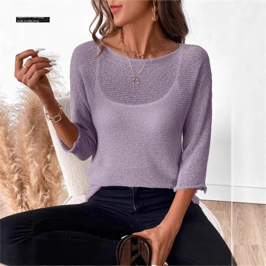 Women's thin knitted off-shoulder pullover overall in beige with 3/4 sleeves and a 3D pattern.