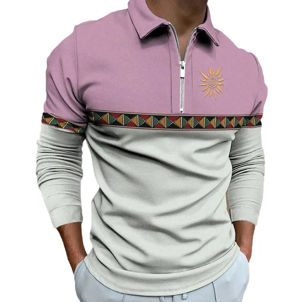 Men's loose fit long sleeve t-shirt with retro colour printing and stripes in golf top style