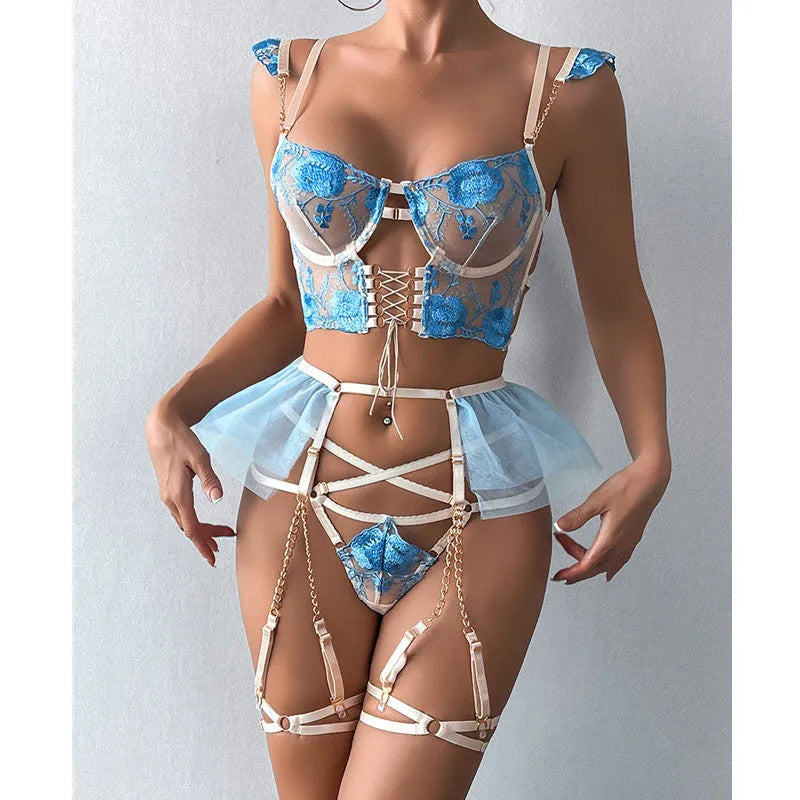 Light blue embroidered lace push up bra and matching briefs set with transparent mesh detail.