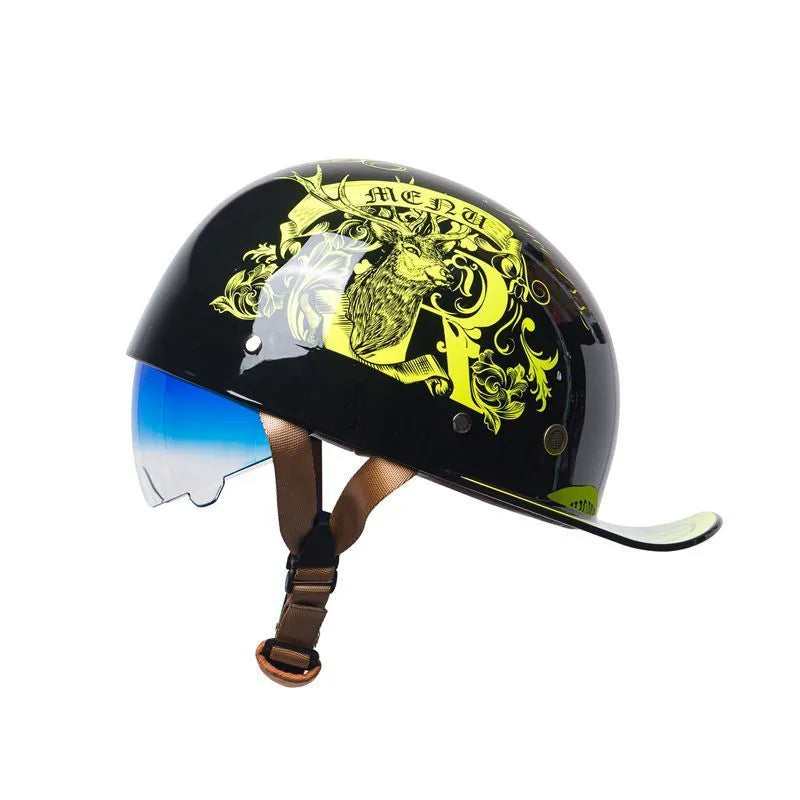 Retro half helmet for electric bicycles in bright black gradient blue colour with matching lens