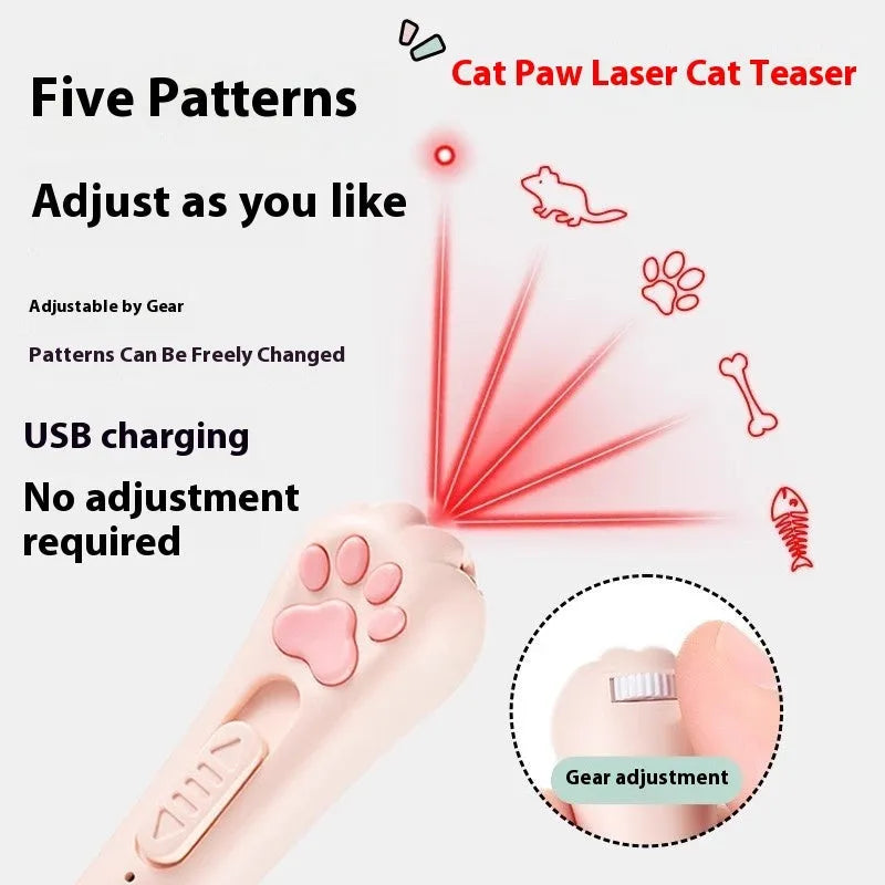Cat pen light charging toy with teaser wand in cream white, pink or blue plastic