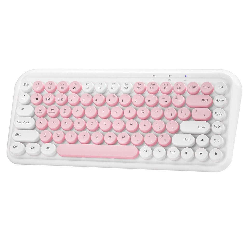 Pink wireless Bluetooth keyboard with 84 keys showing compact dimensions