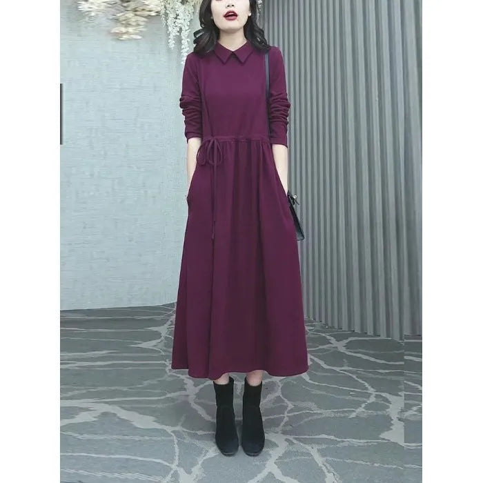 Purplish red plus size women's dress with long sleeves and long skirt for autumn winter wear