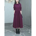 Purplish red plus size women's dress with long sleeves and long skirt for autumn winter wear