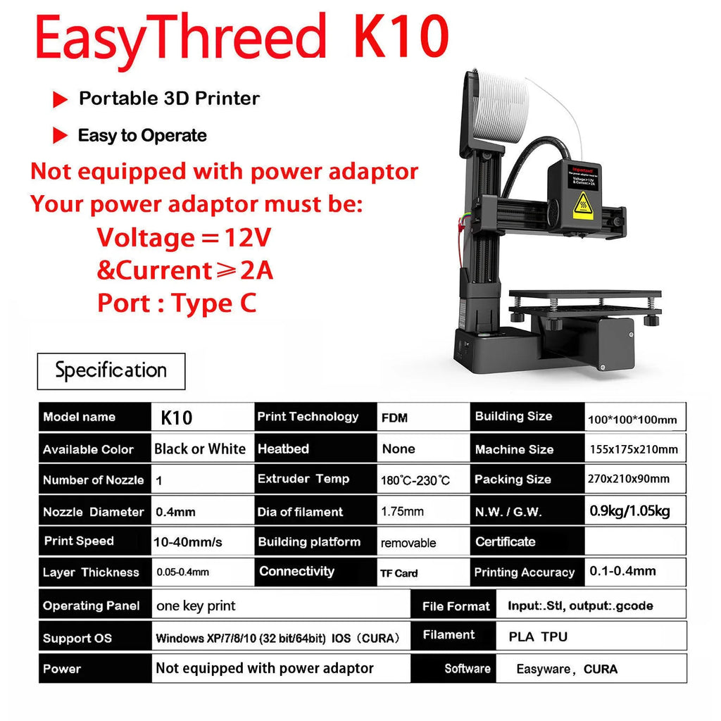 EasyThreed K10 white 3D printer with 175mm print height for TPU and PLA filaments