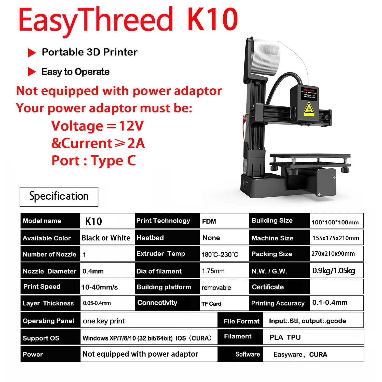 EasyThreed K10 white 3D printer with 175mm print height for TPU and PLA filaments