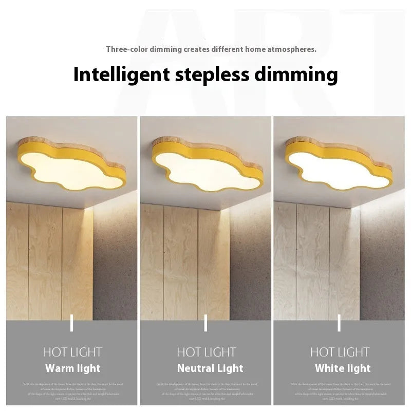 Modern cloud shaped LED ceiling light in wooden pink finish, mounted on a white ceiling.