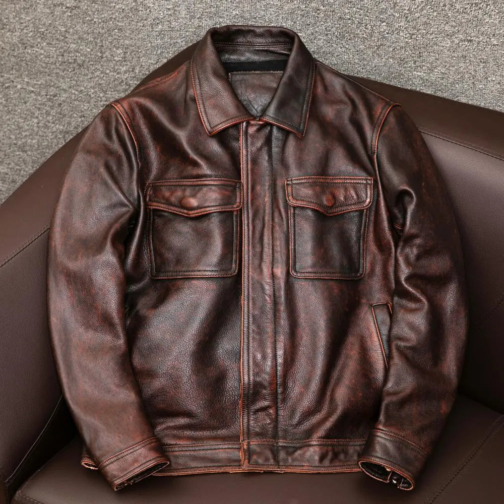 Men's black plus size PU leather jacket with lapel collar and side pockets on a hanger.