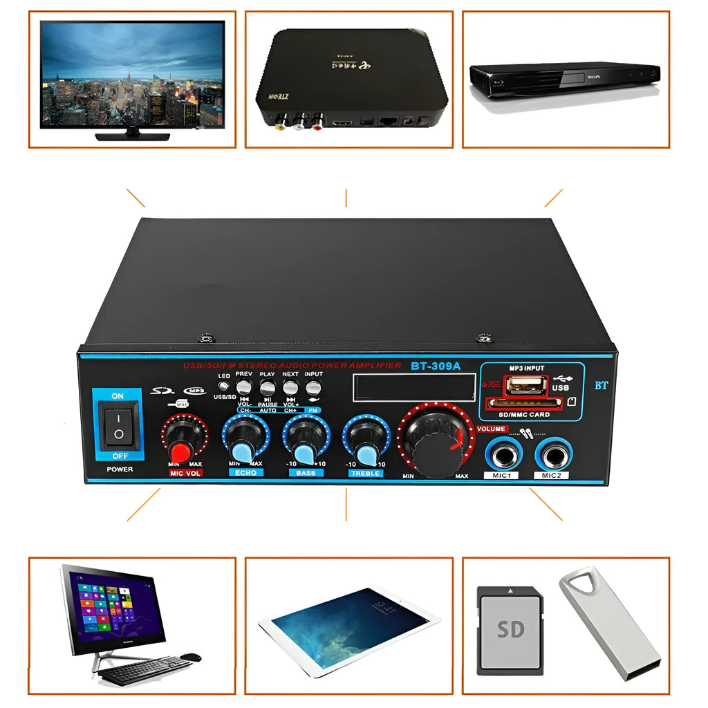 Black BT-309A-A Bluetooth power amplifier with remote control for home and car audio systems