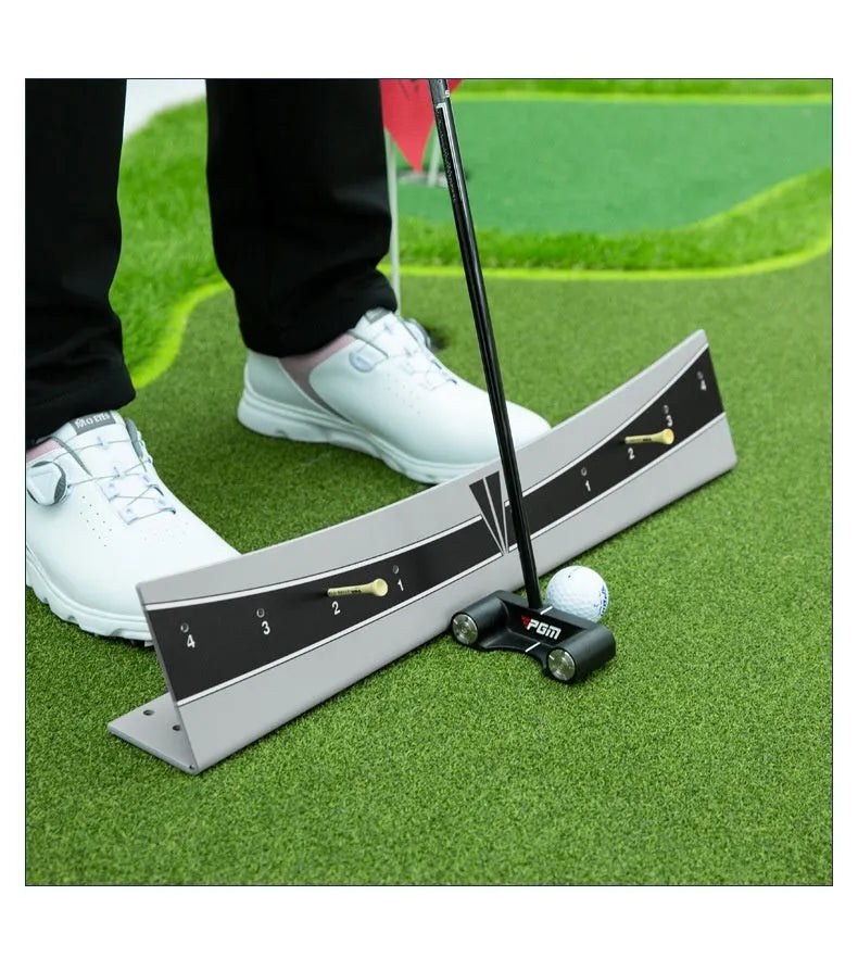 Adjustable golf putter balance simulator made of white PVC with a central training guide.