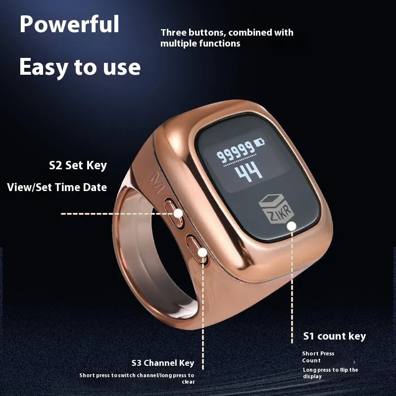 Al-Fatiha electronic zikr counter with digital display on a wrist, shown in rose gold colour with a 20mm band.
