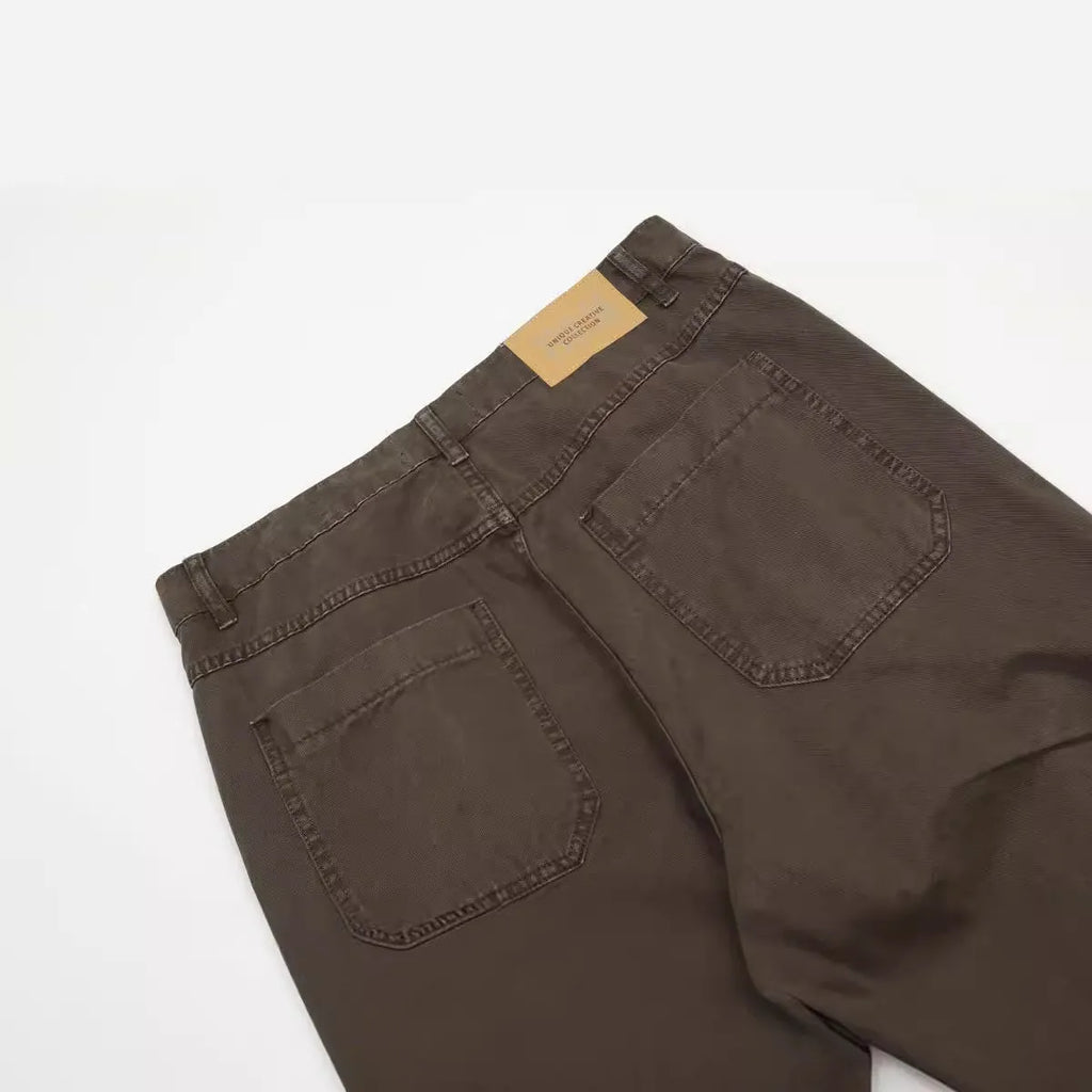 Men's loose straight-leg cotton trousers in brown with high-waist design and straight leg opening