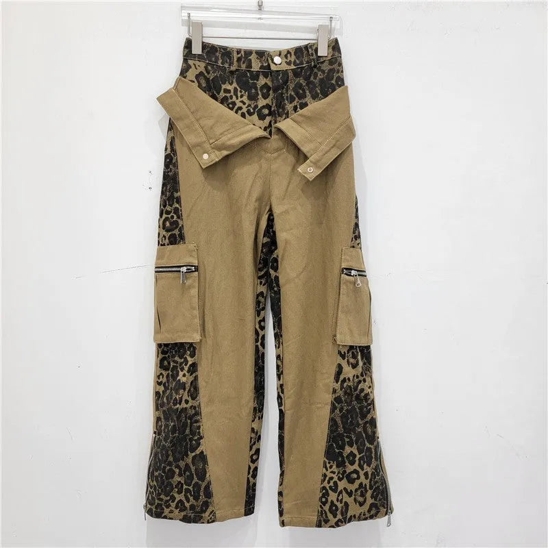 Women's dark khaki leopard print high waist straight leg jeans with contrast stitching tooling style detail