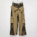 Women's dark khaki leopard print high waist straight leg jeans with contrast stitching tooling style detail