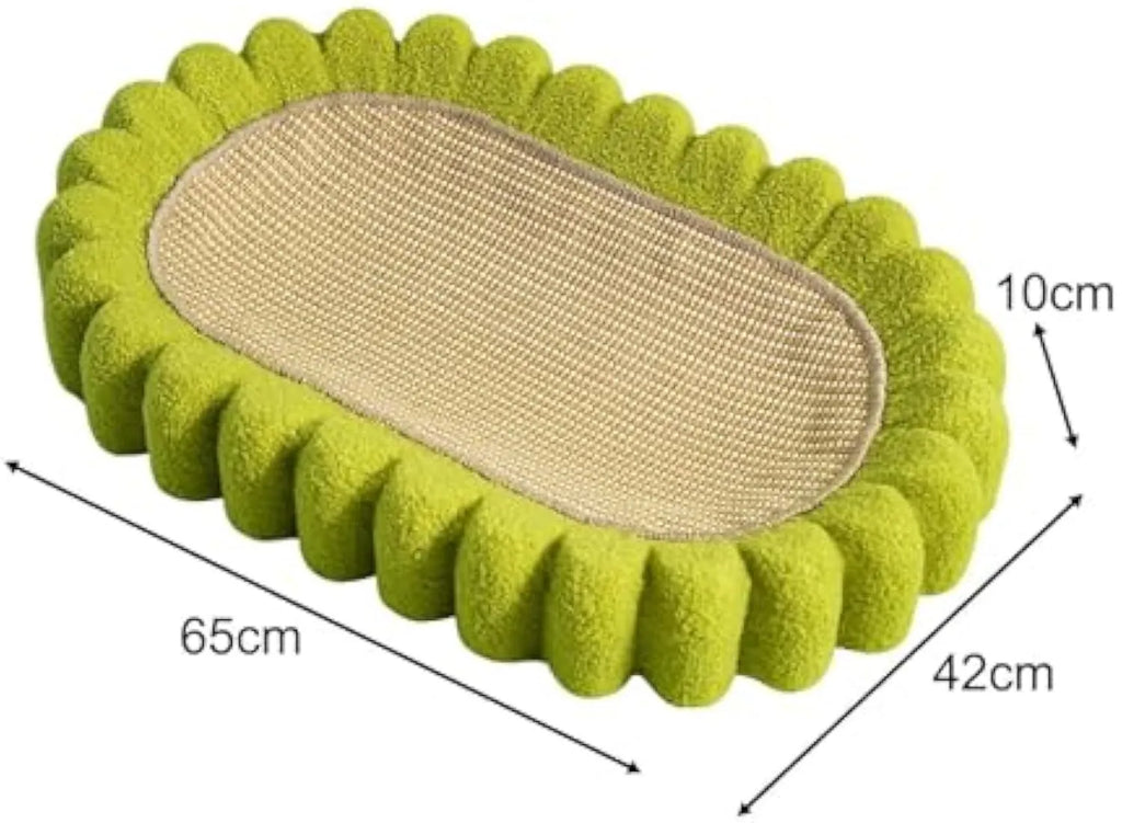 Green oval-shaped cat scratcher pad made of sisal, functioning as both a scratching surface and a lounge bed for cats.